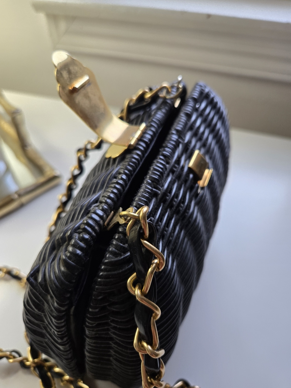 Black Woven Crossbody Bag with Gold Chain Strap - Picture 7 of 8